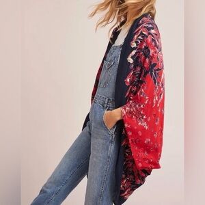 Anthropologie Floreat Annalisa Red Floral Cocoon Kimono One Size EUC